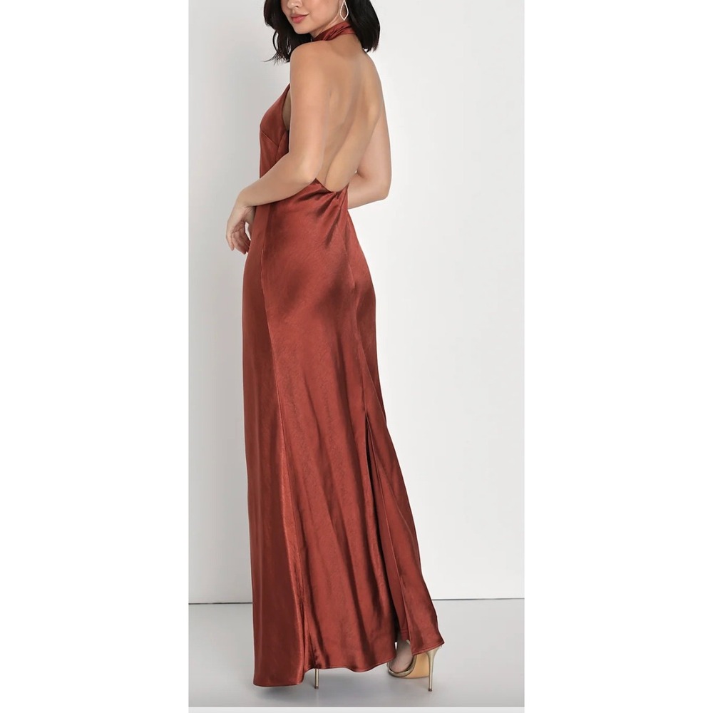 NWT Lulus Love in Your Life Rust Brown Satin Halter Maxi Dress Medium
